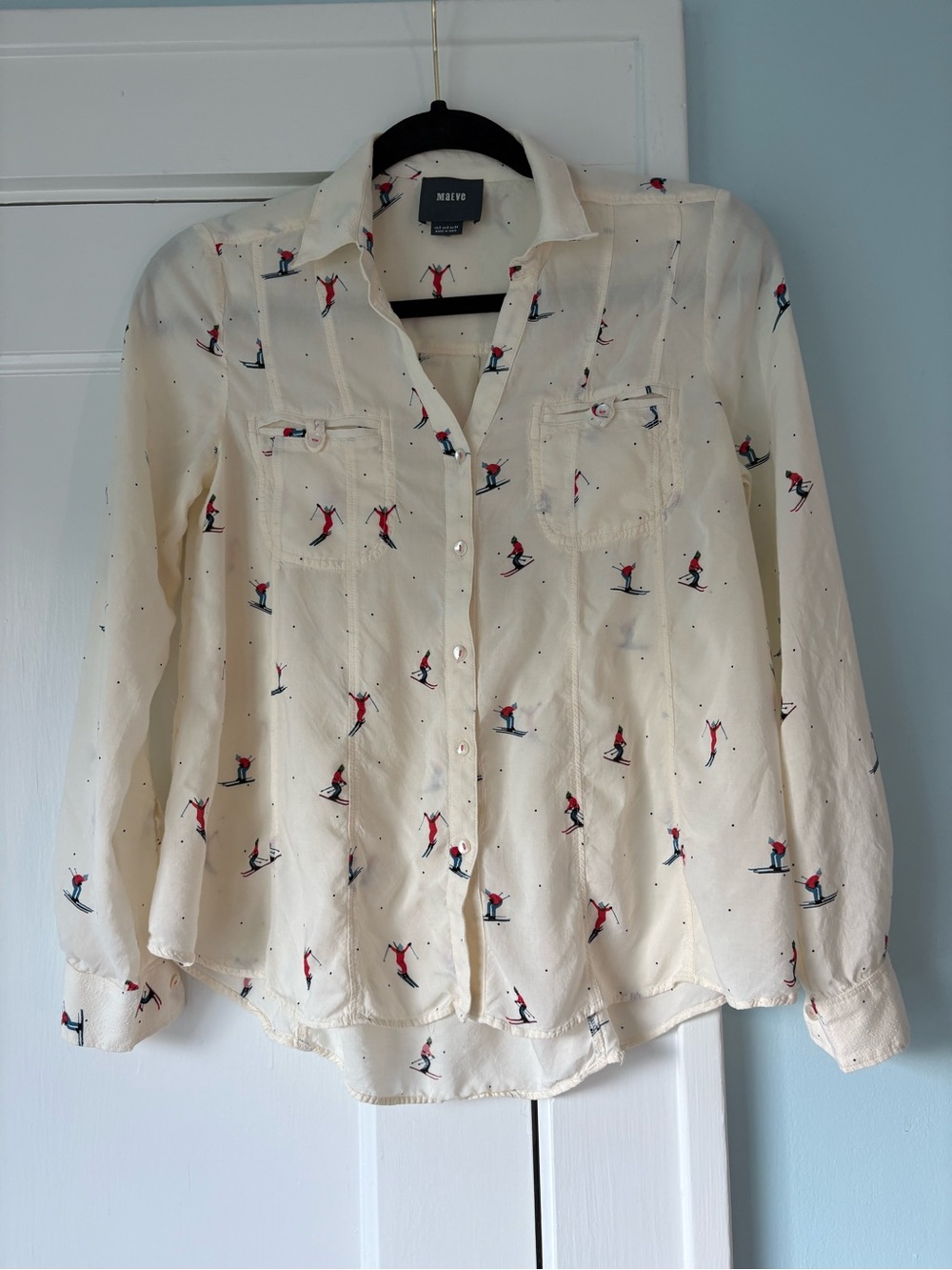 Maeve by Anthropologie Après Ski Skier Print Button-Down Blouse Cozy Cabincore